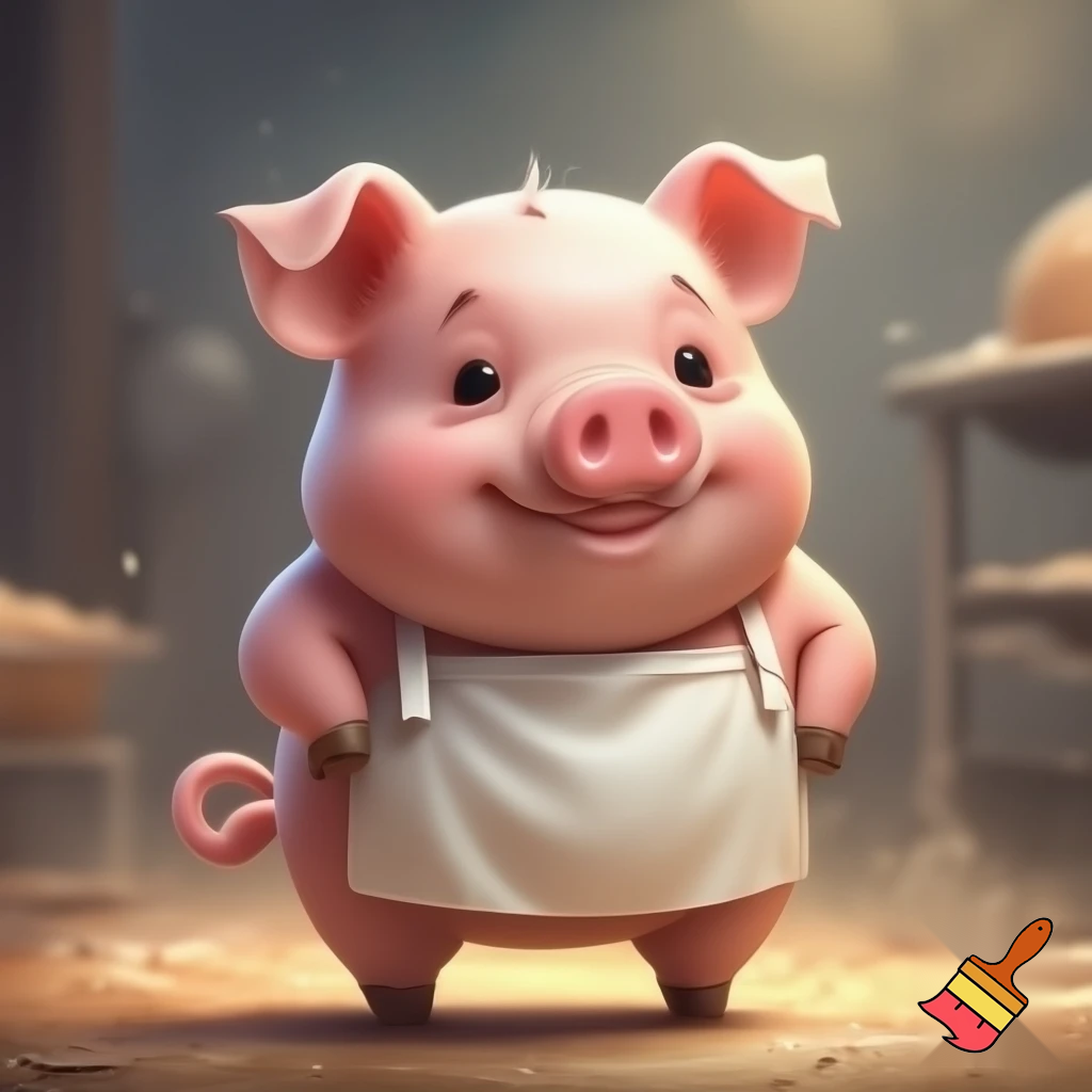 create a picture of a pig that has a white apron and a curly tail, cartoon style. He is a baker. Make it look like a drawing 