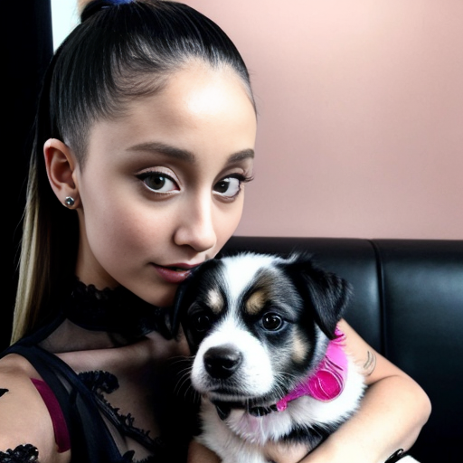 ariana grande holding her dog ,she is wearing a black lace top ,her dog is black & white selfie angle ,pink filter aesthetic dusty aesthetic 