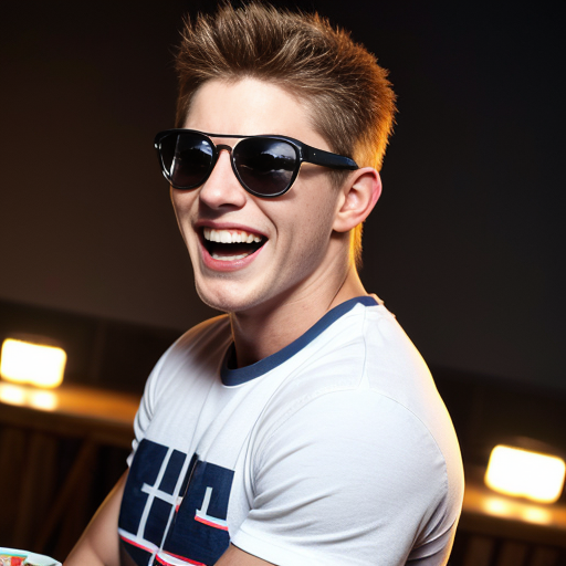 5 Jacked strong lean 20 year olds men wearing with bully clothes so cool and sunglasses and all of them are wearing white t shirt with dark blue jeans and they are all smiling and laughing in a dark room with party lights on (no one else in the room) (2010s color photo) (realistic photo with a slight shaky effect) and it looks like there is soda on the table. 