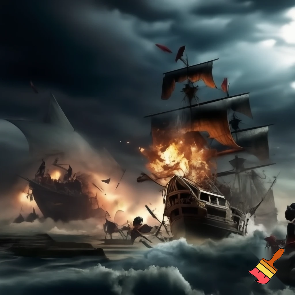 Pirate ship with pirates attacking another ship. Firing cannons and guns. Long cutlasses, peg legs and eye patches
  