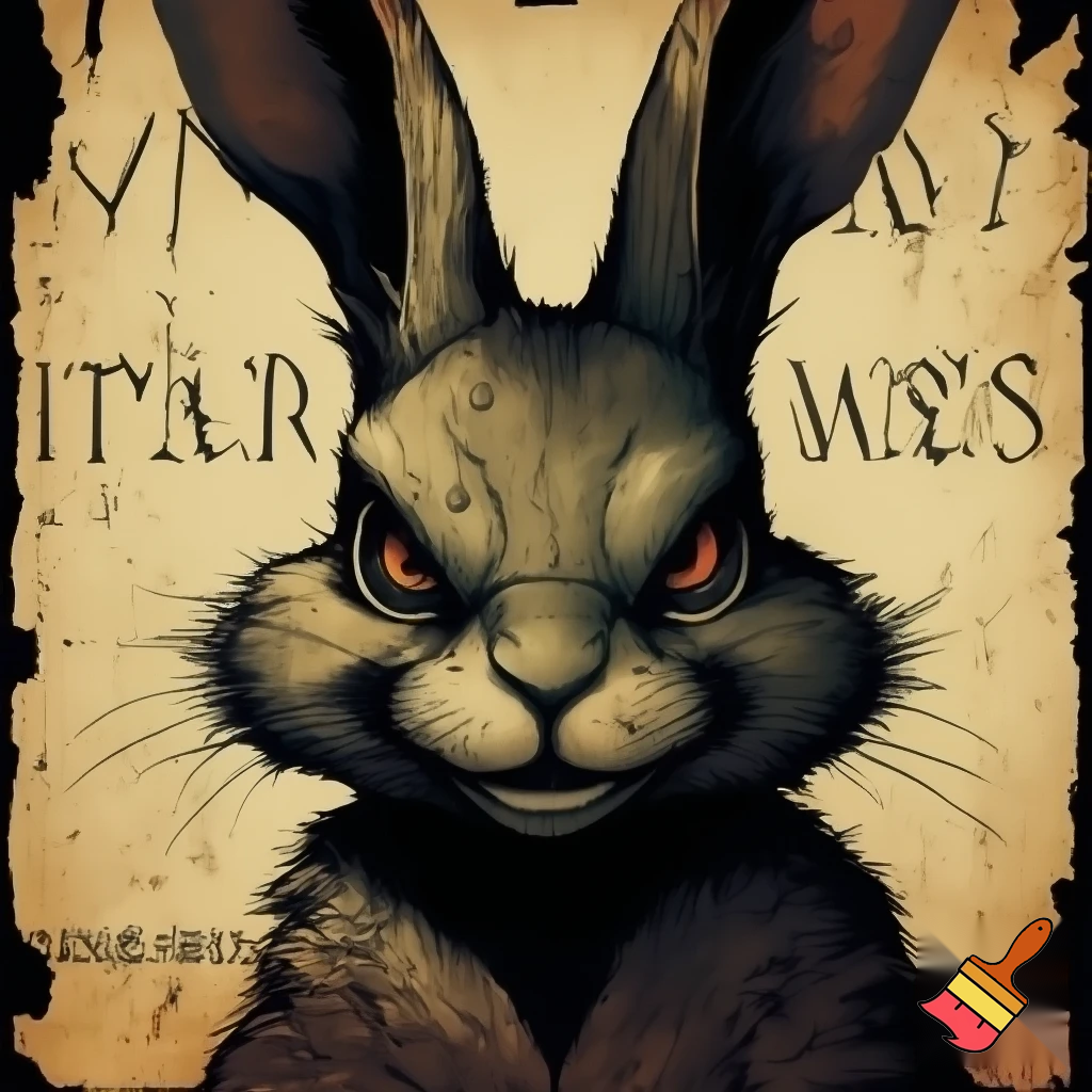 wanted poster of a rabbit smirking and looking sinister and menacing