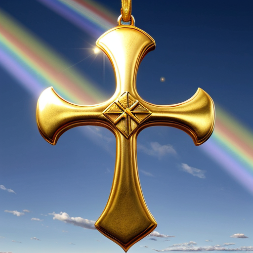A golden cross above the sky with a small golden scroll and sword and above it a rainbow