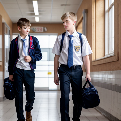 Scene 1 – Conversation at School
Prompt:
"Two teenage boys walking in a school corridor, both in neat school uniforms, one looking worried and holding his stomach, the other looking concerned and talking to him, realistic style, soft natural lighting, high school background, emotional expressions, safe depiction
