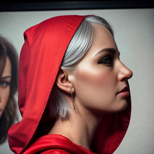 cute red riding hood, cinema, realistic, ultrarealistic, sideview, silver hair, strong makeup