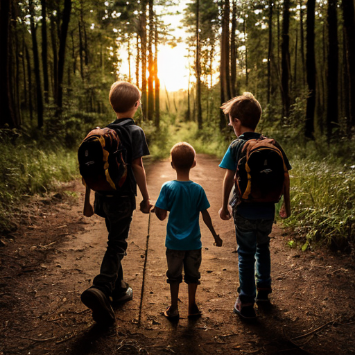 Two kids one girl one boy back to back in a forest sunset adventure 