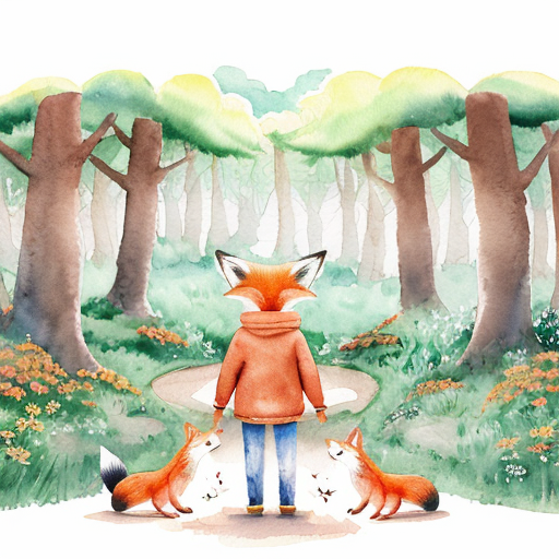 Children’s book watercolor illustration, soft pastel palette, warm magical forest atmosphere.

Andy, a small cute fox cub with bright orange fur, cream belly, fluffy oversized tail and big amber expressive eyes, stands in the Forest of Colors while the animals prepare for the traditional Glowing Path ceremony.

Around him, rabbits, hedgehogs, birds and squirrels decorate a winding forest path with tiny lanterns and flowers. Fireflies begin to gather above the path like floating stars. The trees are tall and colorful, with warm light filtering through the leaves.

Andy looks excited and curious, ears lifted and tail gently swaying.

Style: soft watercolor children’s book illustration, dreamy lighting, cozy magical forest, gentle details, storybook style, soft edges.

Use the reference image of Andy the fox to keep the same character design.
