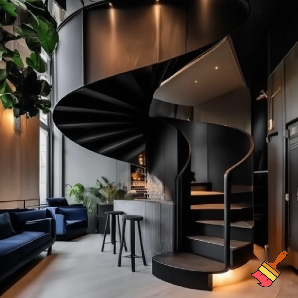 Create a modern coffee shop with a strong architectural and engineering influence, with modern lighting, black swirl staircare, plants, greay wooden counter area, with several stools, cosy sitting area with cormfy blue seating, midnight blue industrial style main door, with silver panelling
