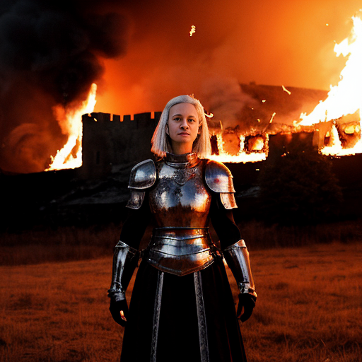 young, tall, white-haired woman in armor stands in front of a burning castle into which meteorites are falling.