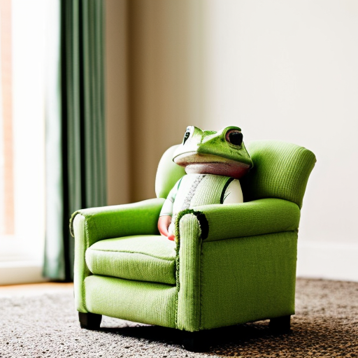 A funny radish vegetable toad sitting in a modern room chair.