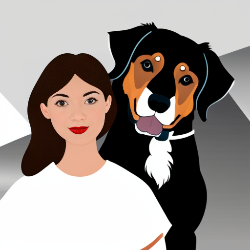 una ragazza con i capelli mossi e marroni e gli occhi azzurri vicino a un cane bovaro del bernese pelosissimo. vestiti techno .sopra la foto scrivi giulia e rock