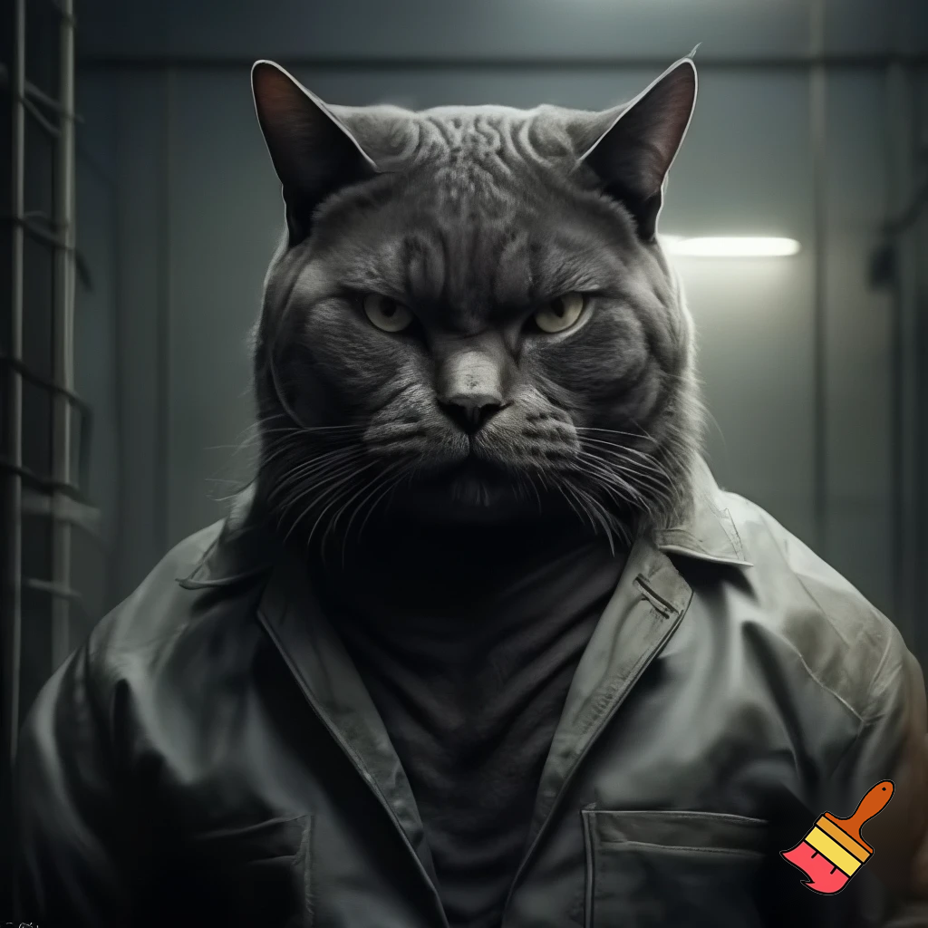evil, sinister, strong, cat in a police mugshot staring with dim lights jail suit