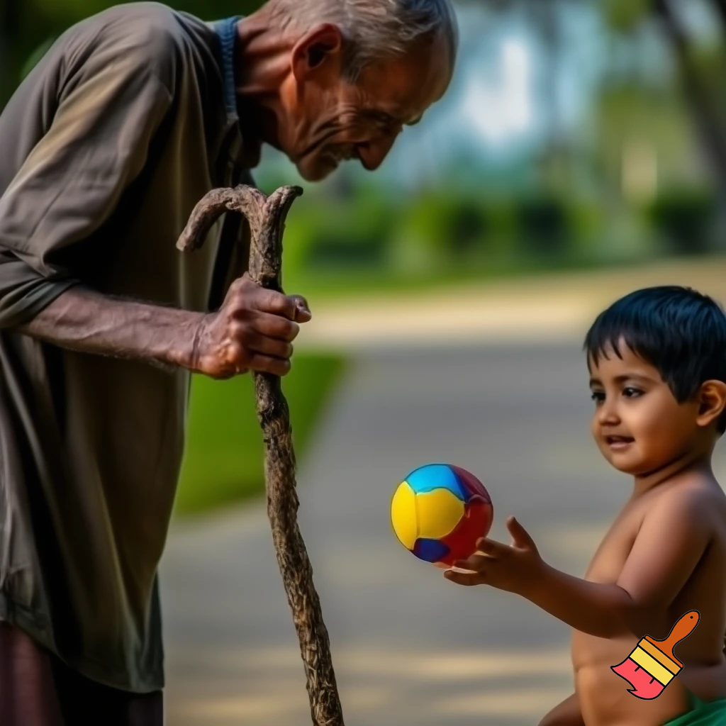 An old man is holding a stick, and a child wants to give him a ball.