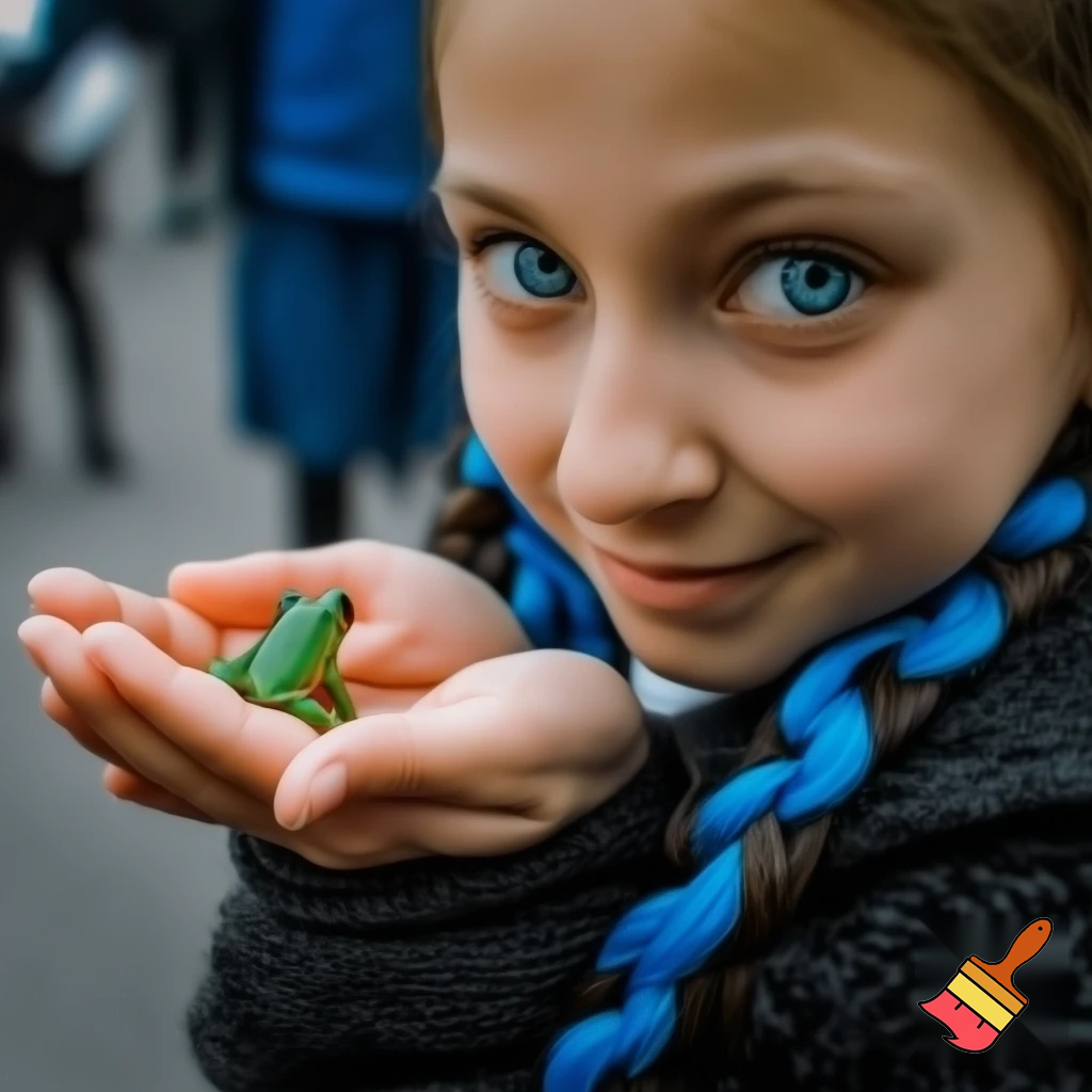 girl with blue braid and has a black jacket with blue eyes
with smile holding a frog all the people was scared of a frog the girl got bulliyed with boys and girls