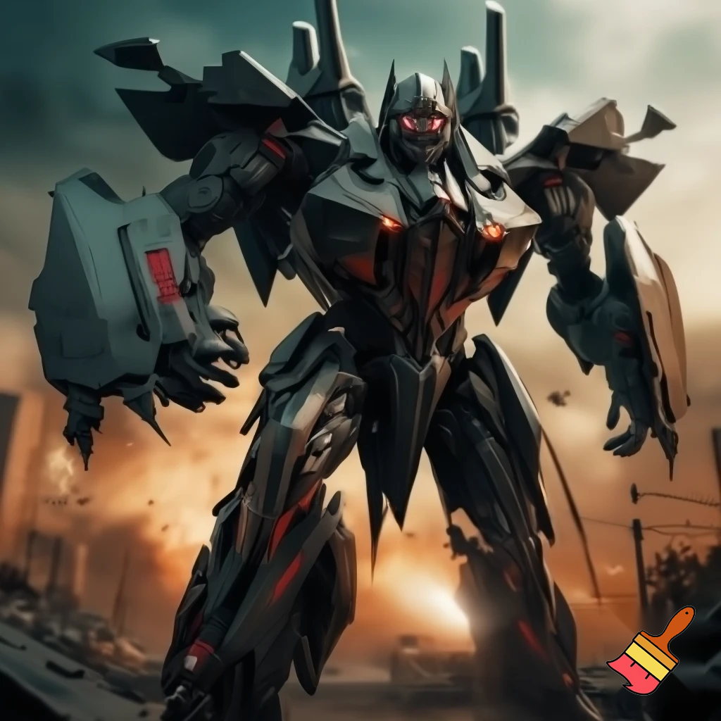 A Decepticon, made from a mix of a F-22 raptor and a mobile artillery tank with an angry face and humanoid form