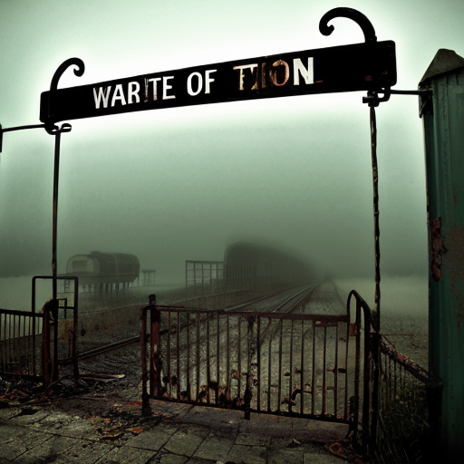 rusty gate of abandoned station, warning sign hanging crooked, night fog, horror mood
