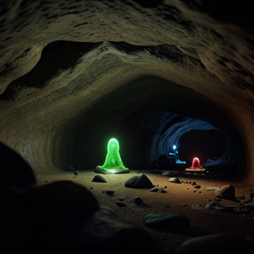 underground cavern inspired by Pikmin, organic tunnels, glowing roots on the ceiling, central water basin with a small rocky island, bioluminescent plants, soft blue and green light, natural alcoves in the walls, darker shadow zone in the back, fantasy cave map style
