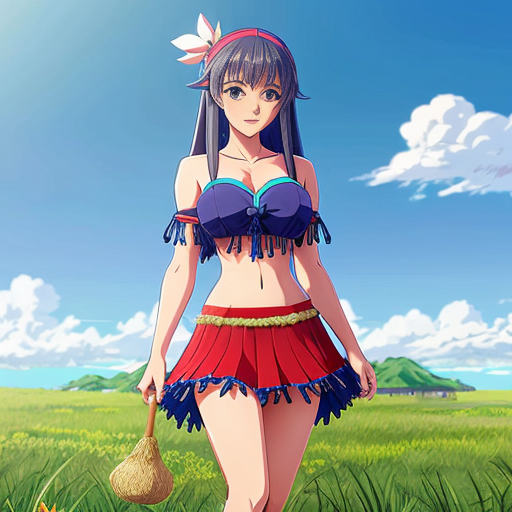 Lana from Pokemon Sun and Moon outfit otea tahiti  in  grass skirt  bleu and tassel   bleu sky 