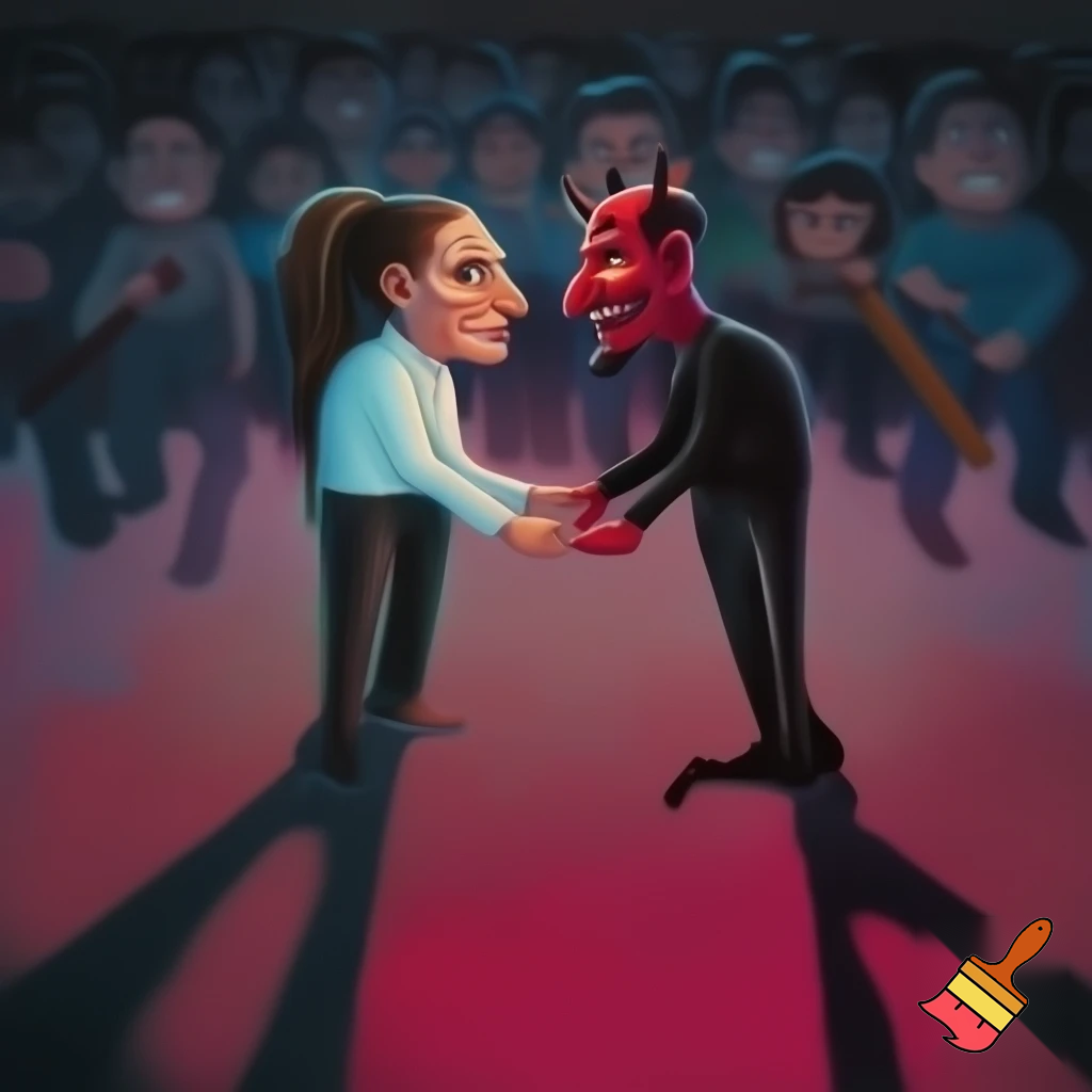 claudia sheinbaum holding hands with the devil and smiling, full body, and deep down people smiling with long weapons