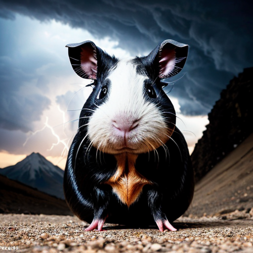 teddy the guinea pig is round in an epic pose with Elbrus on its back as part of its body, with blue neon eyes and atomic breath in the clouds and thunderstorm, with cinematic lighting for drama