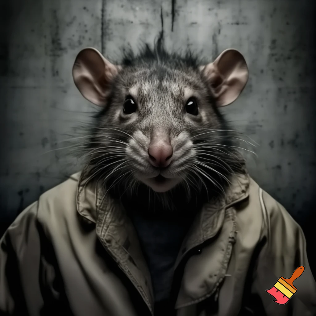 strong rat, evil, sinister, wearing prison outfit, mugshot style, no human
