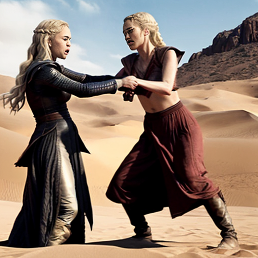 Daenerys Targaryen and Cersei Lannister fighting in the desert , Cersei Lannister is under Daenerys and losing. Both are naked and all sweaty 
