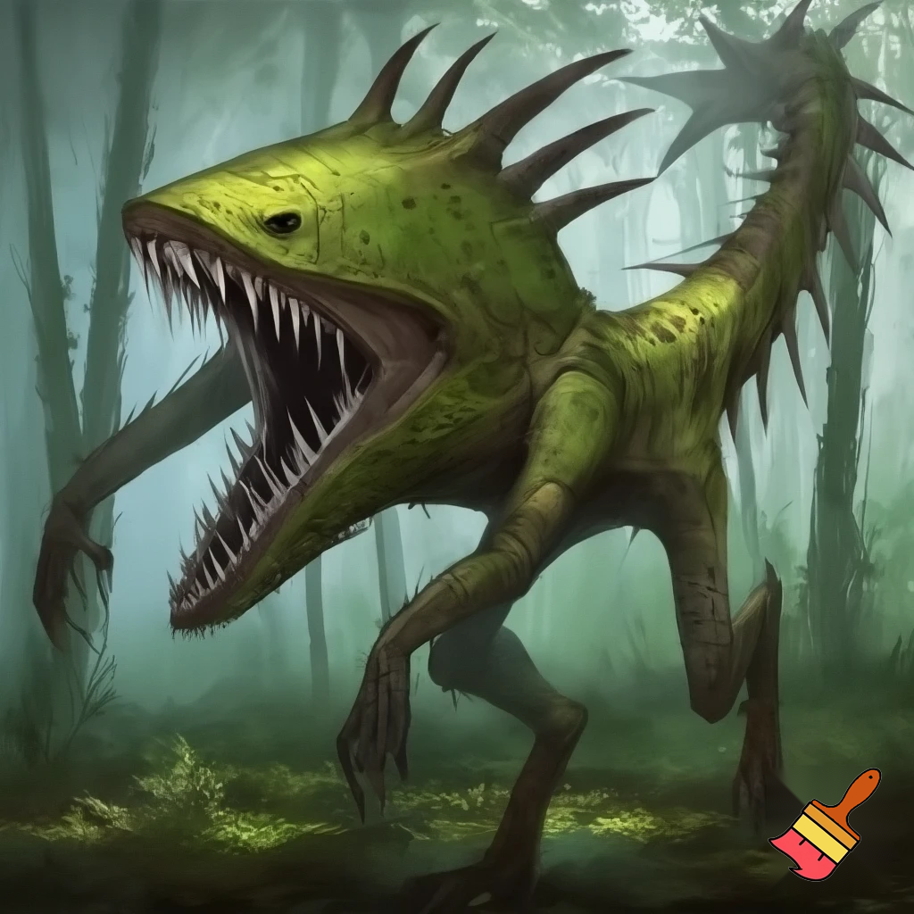 a animal that has green skin and has no eyes
and has a tail with spike on the tail and body and looks like a fly trap and lives in the rainforest has a big mouth and has shark teeth and has legs and arms


 
