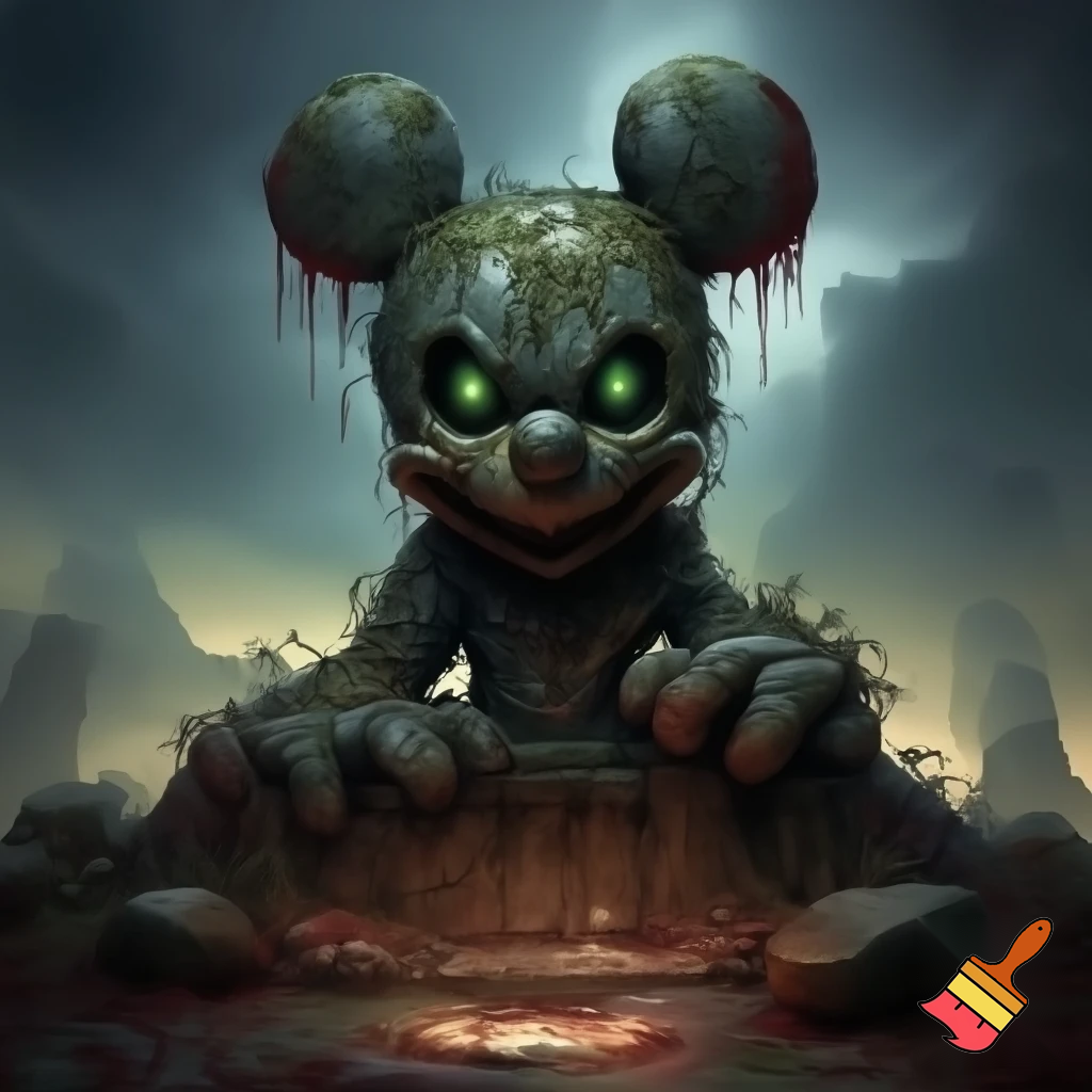 Ancient stone idol of Mickey Mouse with blood sacrifice