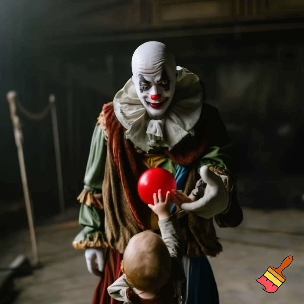 
A realistic full-body scene of a sad clown with detailed makeup and a colorful costume, standing quietly while a small child gently offers him a ball. The atmosphere is emotional, tender, and heartwarming, with natural lighting, detailed fabric texture, and cinematic realism.