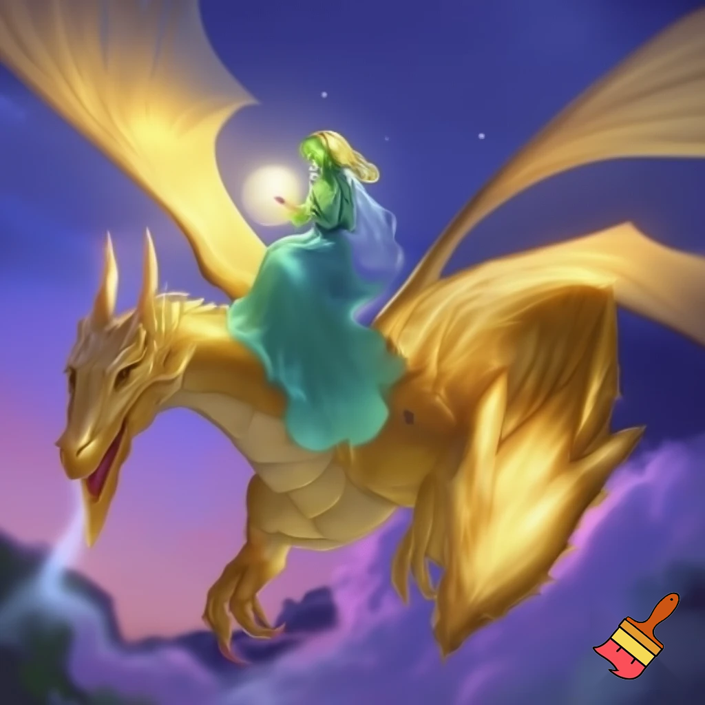 Frog Princess with light blue  dress and glowing Pearl flying a golden dragon with glowing wings