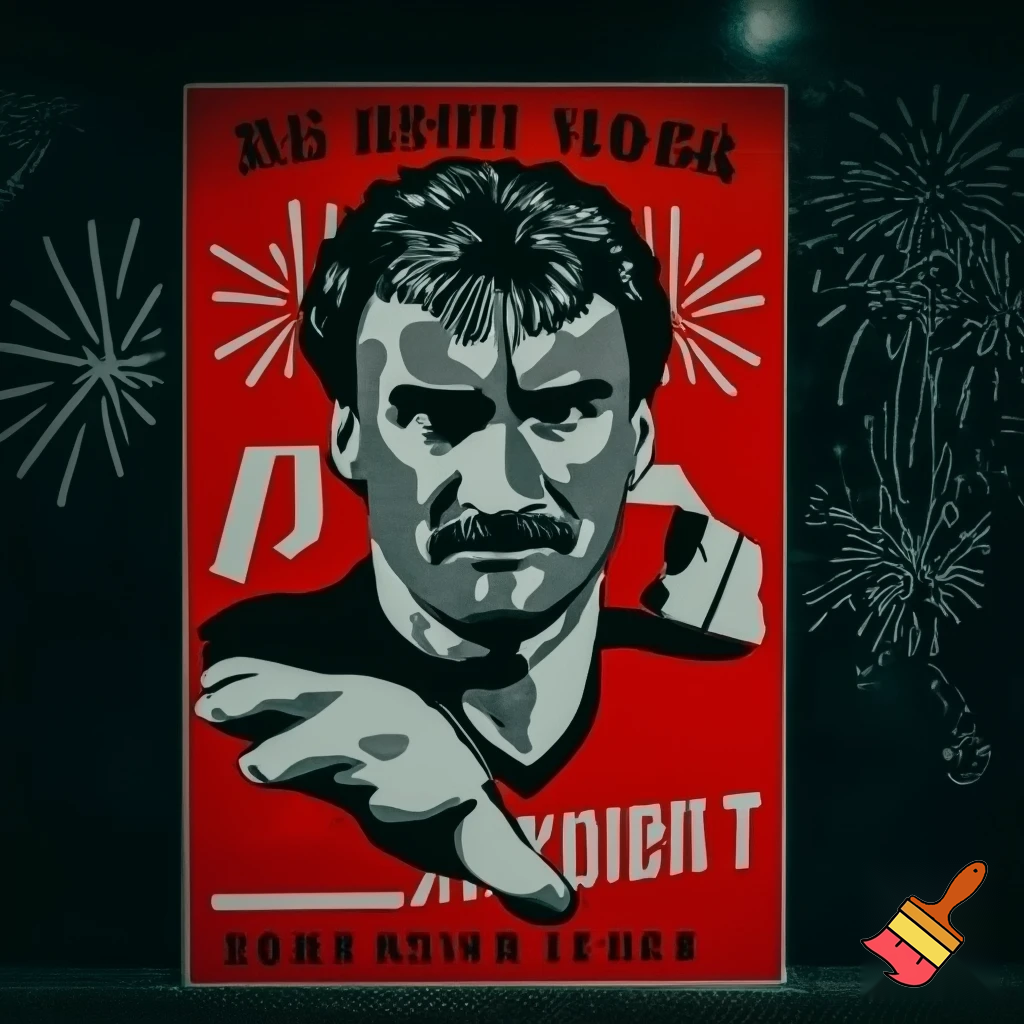 Show German football star Rudi Völler on a marketing campaign poster that has the aesthetics of a soviet poster rooting for "fireworks for all people instead of profits"