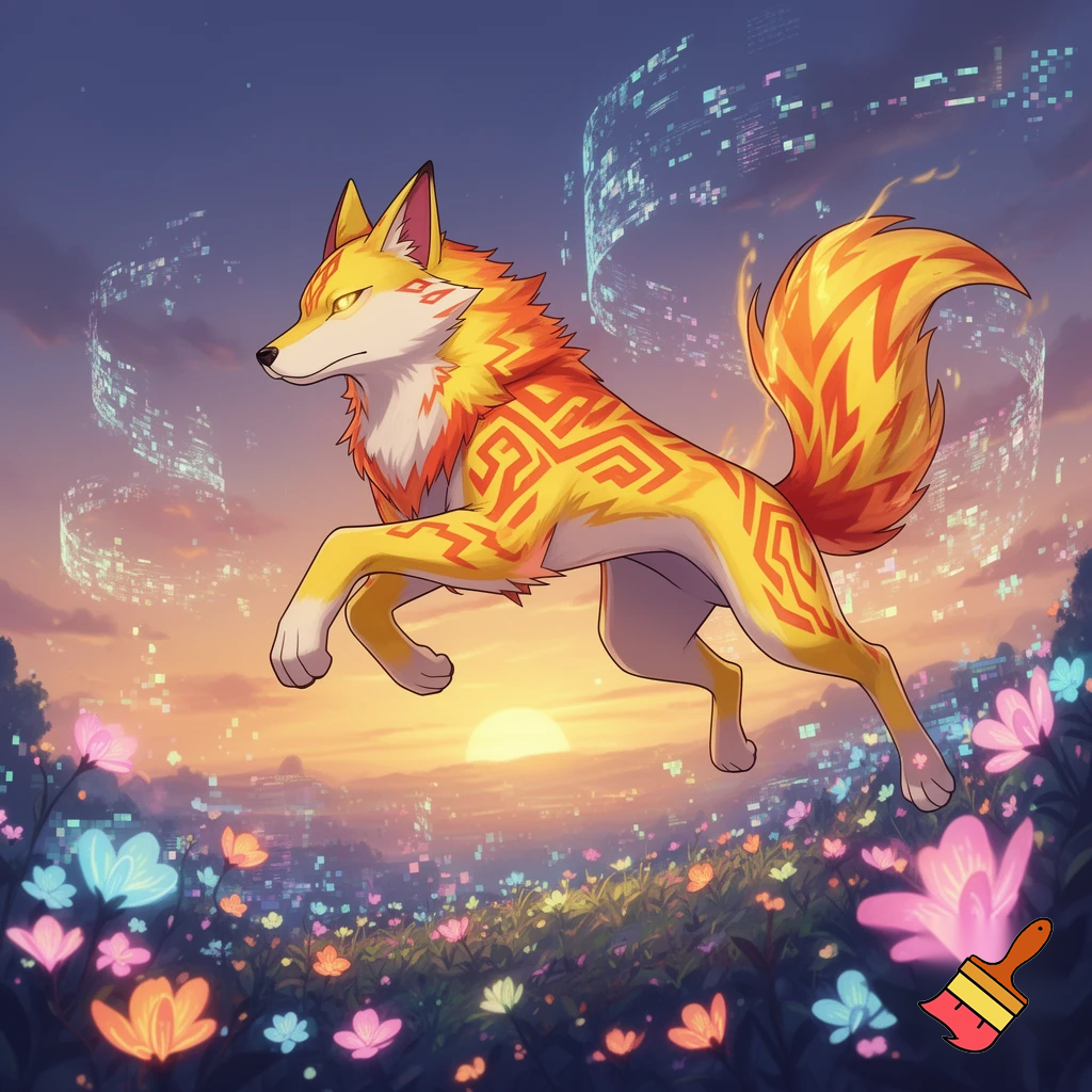 pokemon digimon tails prower mix styles wolf yellow orange and red patterns 