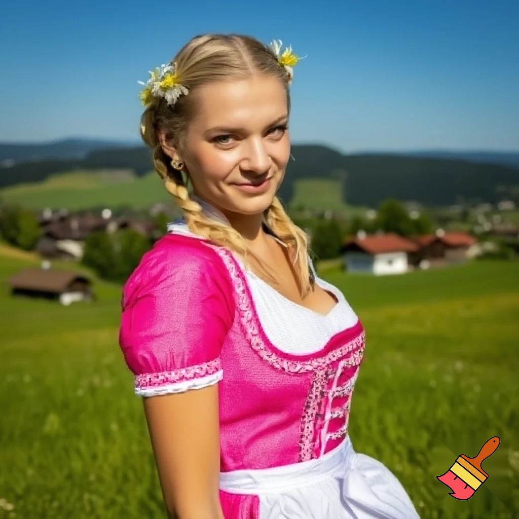 beautiful, blonde woman in a short,pink dirndl