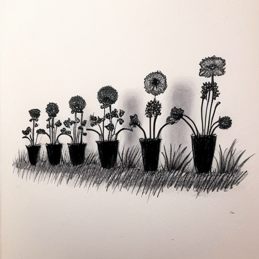 A sketch of multiple wildflowers  in a row. Black and white, simple and hand drawn