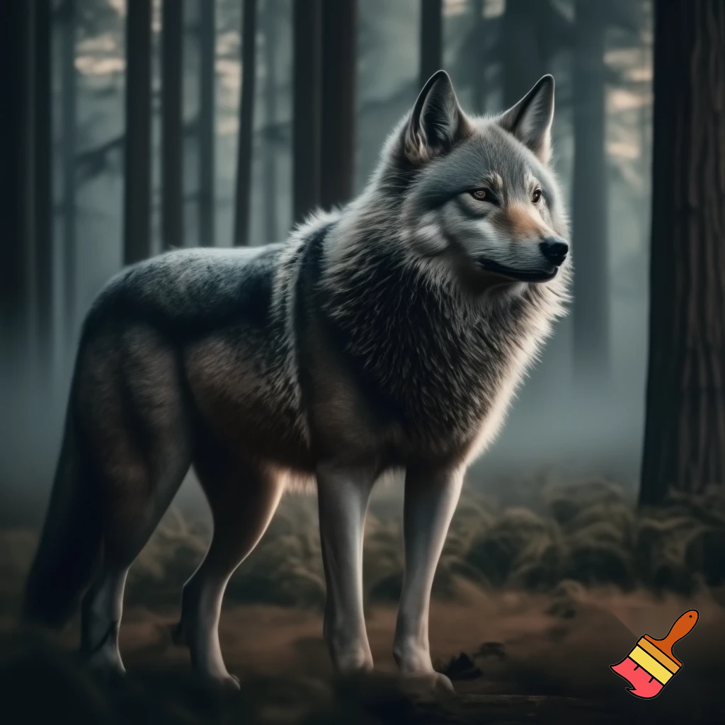 A fluffy grey full body wolf