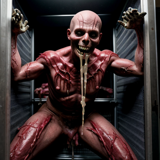 a blood-streaked industrial meat freezer, its frost-laced steel walls lined with human carcasses suspended from rusted hooks—some intact, others flayed open to reveal glistening viscera. At the center, a towering butcher in a stained apron looms, his face obscured by a tattered 1950s Frankenstein mask, its rubbery grin cracked to reveal glimpses of the demonic, yellow-eyed horror beneath. His cleaver drips black ichor onto the concrete floor, where a twisted imp squats amidst severed limbs, gnawing on a femur with needle-like teeth. The air is thick with the metallic stench of butchery, frozen breath curling from the demon-butcher's nostrils as he turns toward the viewer, his shadow stretching unnaturally across the hanging corpses like a promise of slaughter.