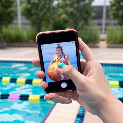 Goretzka play game on apple phone and Vanessa play game on apple phone at the pool 