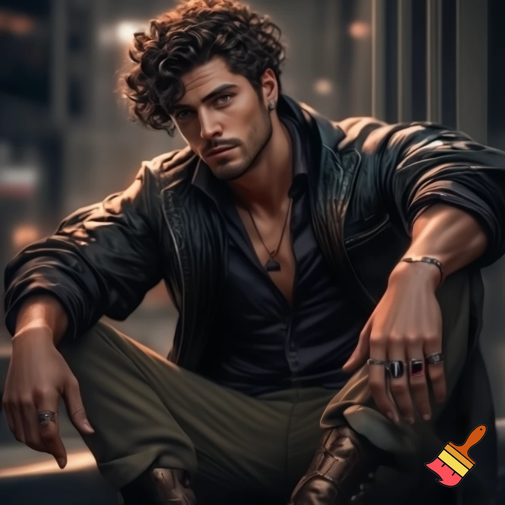 Generate an image of a tall, scrawny man with radiant, polished wood-toned skin. He has curly black coffee hair, styled slightly messy, and sharp, masculine features. His expression is gentle and thoughtful, hinting at inner turmoil.

He wears a black leather windbreaker over a slightly unbuttoned black cotton dress shirt, tailored pleated chinos, and lace-up combat boots. Accessories include silver stud earrings, a silver ring with a red dragon's eye, a black ring with rose gold star shapes, an onyx and lava rock necklace, and a studded bracelet. His shirt sleeves are rolled up, displaying vascular forearms. Set him against an urban backdrop.