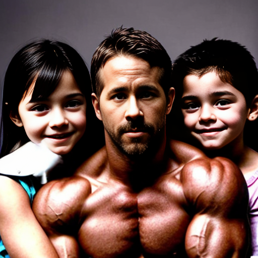 generate me a family of 5 with 2 dads, make one of the dads a dark brown haired 6'2" bodybuilder and make the other one ryan reynolds, then make a boy who is 14, and a girl who is 3 and a boy who is 2