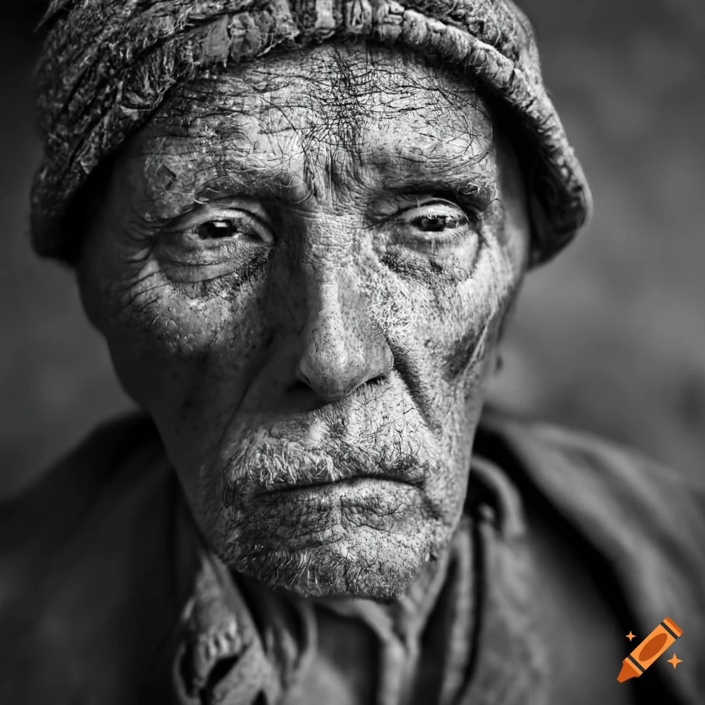 Monochrome portrait of kind-hearted vagrant. Rugged face, penetrating eyes. Fine-grained texture