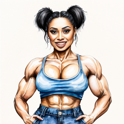 Female care bear with black fur, large and muscular arms, huge muscles, circular eyes, eyelashes, sharp teeth, claws, busty, two meters tall, large breasts inside blue T-shirt and pants.