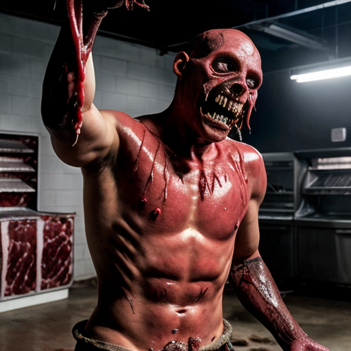 a blood-streaked industrial meat freezer, its frost-laced steel walls lined with human carcasses suspended from rusted hooks—some intact, others flayed open to reveal glistening viscera. At the center, a towering butcher in a stained apron looms, his face obscured by a tattered 1950s Frankenstein mask, its rubbery grin cracked to reveal glimpses of the demonic, yellow-eyed horror beneath. His cleaver drips black ichor onto the concrete floor, where a twisted imp squats amidst severed limbs, gnawing on a femur with needle-like teeth. The air is thick with the metallic stench of butchery, frozen breath curling from the demon-butcher's nostrils as he turns toward the viewer, his shadow stretching unnaturally across the hanging corpses like a promise of slaughter.