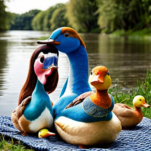 Two grown-ups, one big girl, little twin brothers Danny and Suzy and big sister's pet five little ducks having a picnic.