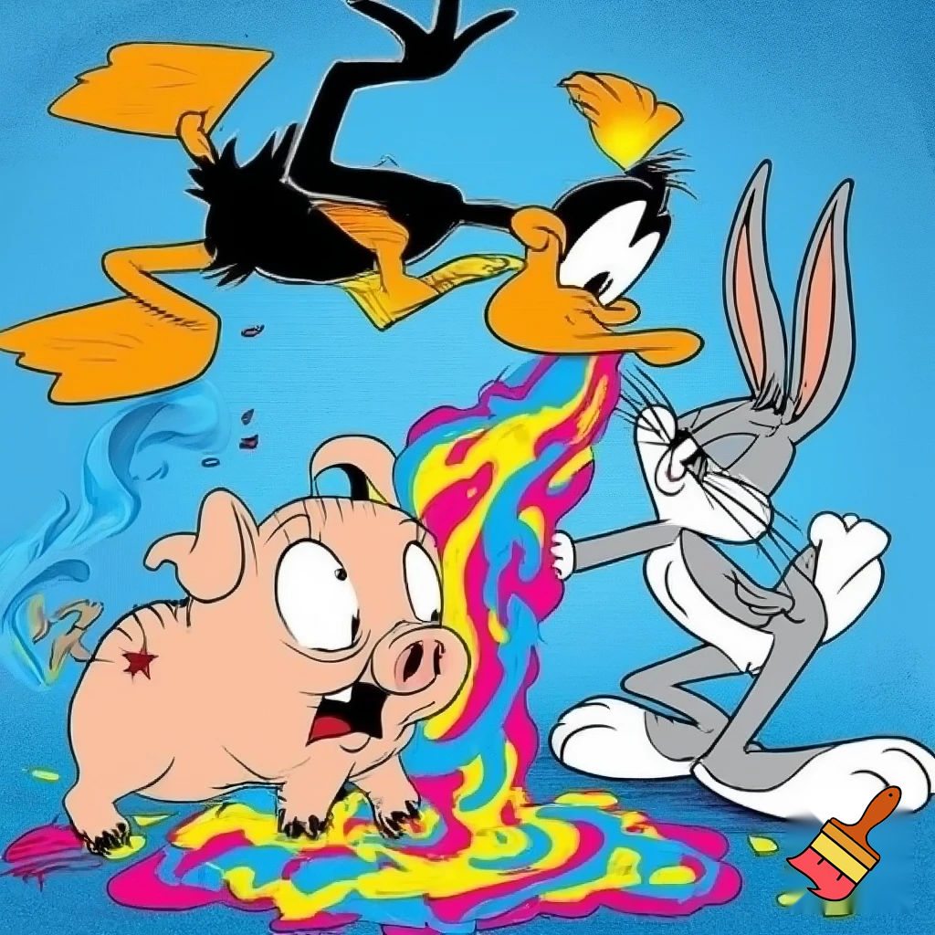 daffy duck farting on porky pig while porky pig is barfing on bugs bunny