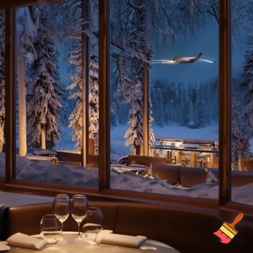 Generate a picture of a cozy fancy Steakhouse, in a neighbourhood forest in the winter with a nice and cozy interior shown by the wooden framed windows with private jets flying over the restaurant