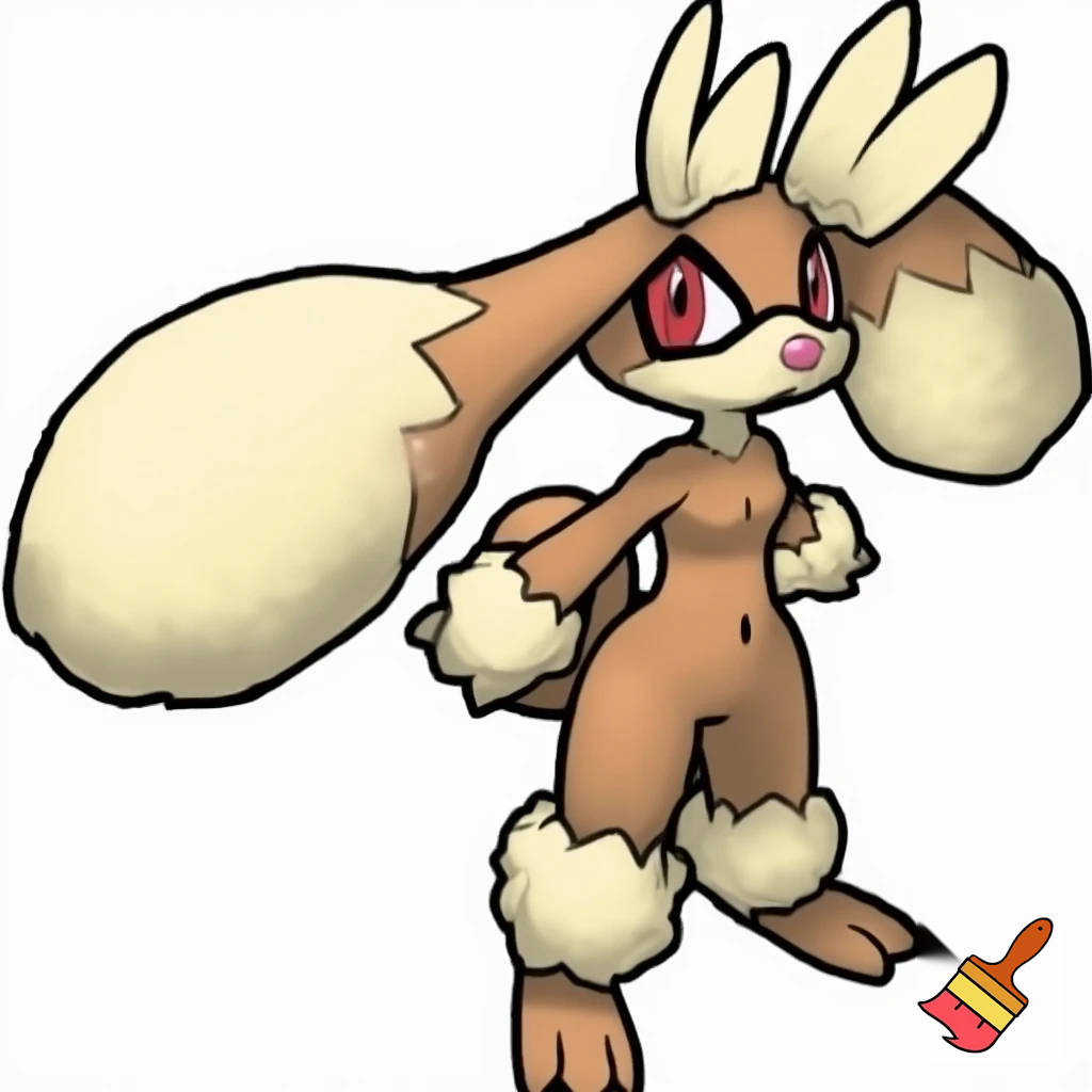 Lopunny is a graceful, anthromorphic bipedal rabbit Pokémon with a soft brown body, long, fluffy cream-colored fur on its ears, wrists, and lower legs, and distinctive large "eyebrow" tufts. It has red eyes with black markings, a small pink nose, and a short, round tail, often grooming its prominent ears and delivering powerful kicks Slender, half anthro girl humaniod rabbit-like, standing upright. tails sonic fusion