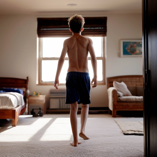 The shirtless teenage boy is has just woken up. He gets out of bed in his boxes and walks through his house. He eventually walks outside. The morning breeze hits him