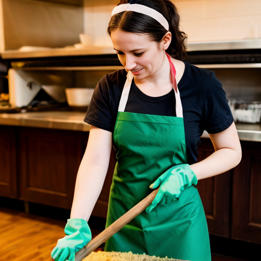 Una cameriera vestita di verde che spazza a terra, con un grembiule ed un fazzoletto intorno ai capelli