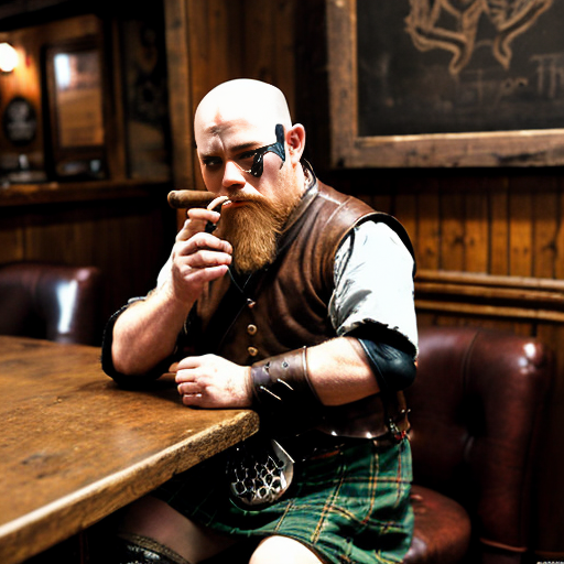 short far dwarf. gunslinger. cigar. sitting at the counter on chair in tavern and sipping a pint. bald. red beard. rough atmosphere. kilt. musket on the table. rugged leather armor. angry. harsh drawn style