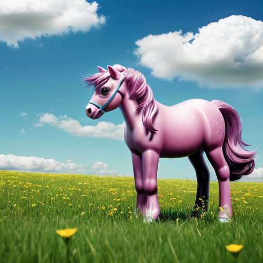 Beautiful pink pony with blue sky and cloud in a green meadow with flowers
