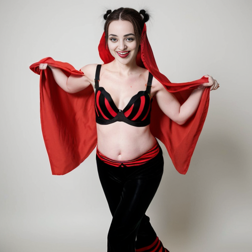 90's disney's 2d aladdin style comic black background and panels of 
panel 1 Harley Quinn with light black and red striped harem pants and bra and black and red curved slippers with both hand palms place together and hiding the bottom of her mouth with a light black and red striped veil wrapped around her arms and shoulders. 
panel 2 she danced with light black and red striped harem pants with light black and red striped bra and red and black curved slippers and with light black and red striped veil wrapped around her arms and shoulders and raising legs and bounced up and down her belly and shook her hips left and right. 
panel 3 as Harley Quinn with light black and red striped harem pants and bra and red and black curved slippers and with red and light black striped veil wrapped around her shoulders and arms and spreading her arms, happily revealing her face to the viewer and giving a smile as she shook her belly left and right. 
Panel 4 Harley Quinn with light black and red striped harem pants and bra and black and red curved slippers and with light black and red striped veil wrapped around her shoulders and arms has started to fading away , except her belly, which is bouncing around and growing. 
Panel 5 then the ball transforms into the fading in belly of Giant red haired giganta barefoot with dark yellow spotted yellow harem pants and bra and dark yellow spotted yellow veil wrapped around her arms and shoulders with her swaying her hips. 
Panel 6 red haired giganta barefoot with dark yellow spotted yellow harem pants and bra and dark yellow spotted yellow veil wrapped around her arms and shoulders then she is flexing her muscled arms 